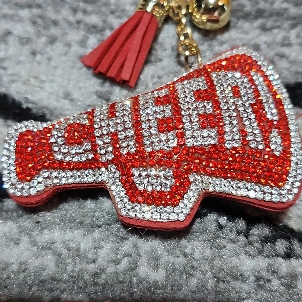 CHEER RHINESTONES RED & SILVER SPARKLING MEGAPHONE KEYCHAIN PURSE CHARM